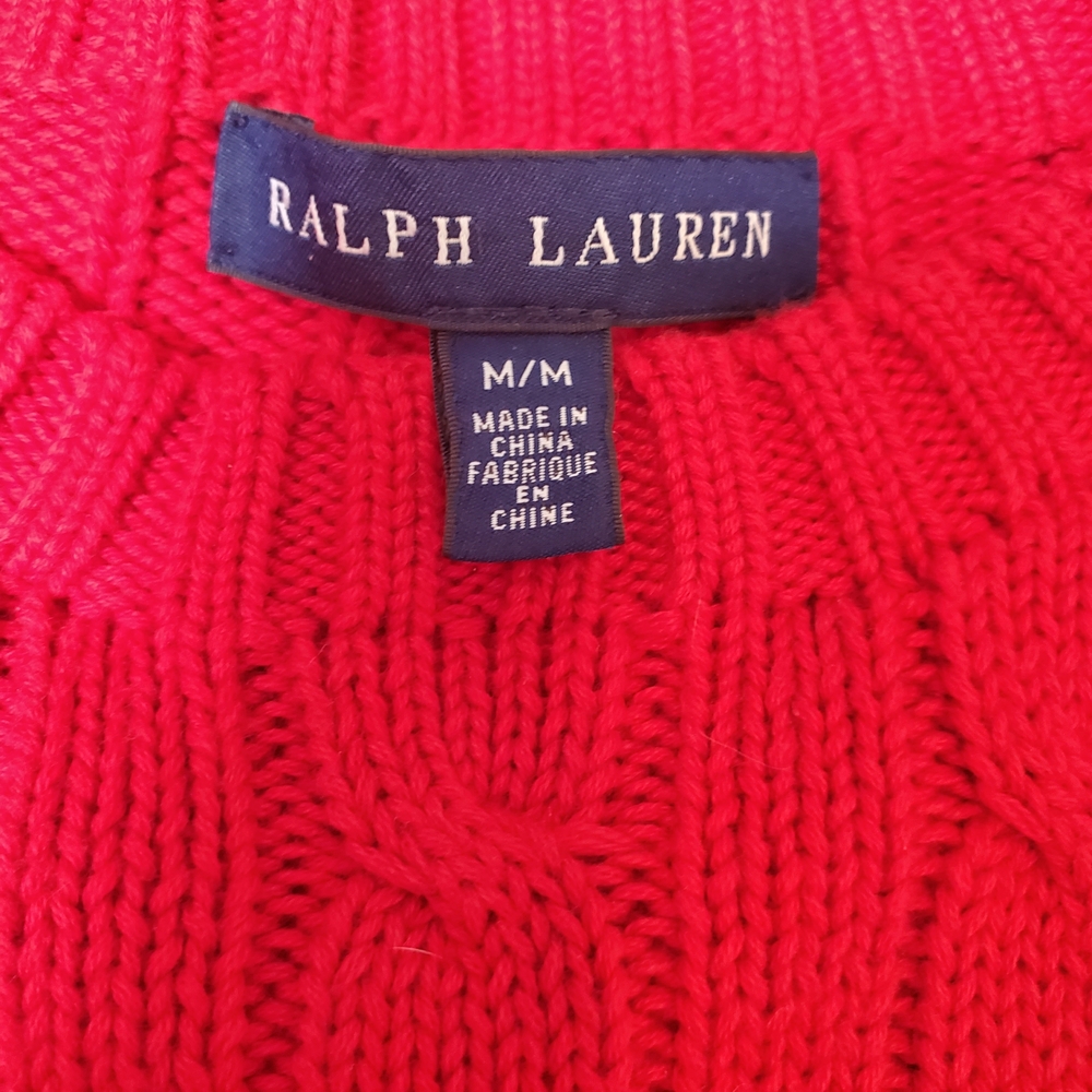 Ralph Lauren Red Cable Knit Sweater Womans M Gold Pony Preppy Cotton - Picture 4 of 13